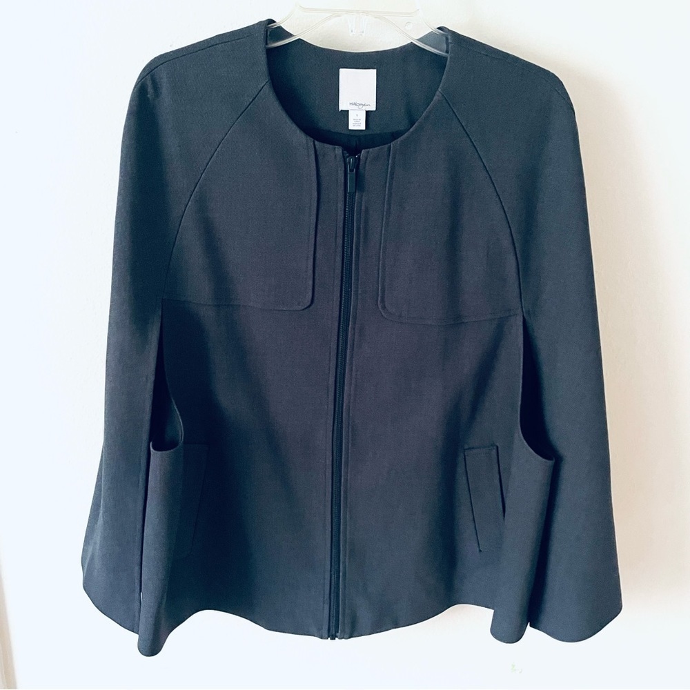 ✨ Halogen Cape Jacket – Elegant A-Line Zip-Up in Dark Gray, Size S